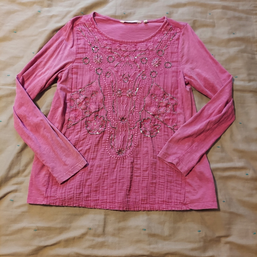 Soft Surroundings Pink Beaded Longsleeve Blouse SzS